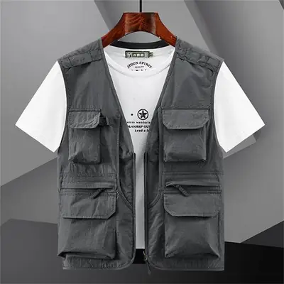 Men Navy Blue Multi-Pocket Vest with Zip Front