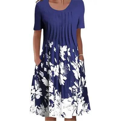 Women Floral Print Round Neck Dress Green Blue