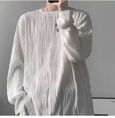 Men's White Striped Long Sleeve T-Shirt Loose Fit Spring Autumn