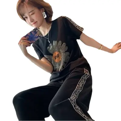 Daisy Rhinestone Black 2Pc Casual Pants Set