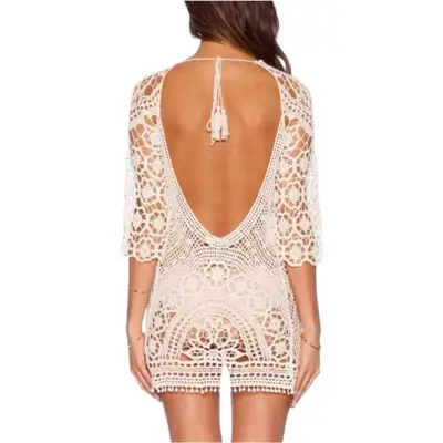 White Hollow Lace Crochet Beach Dress Backless Bikini Blouse