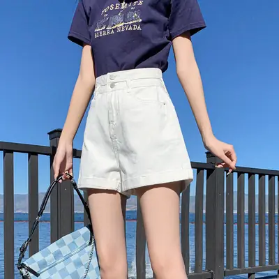 Women Curled Denim Shorts Light Grey 2022 Summer