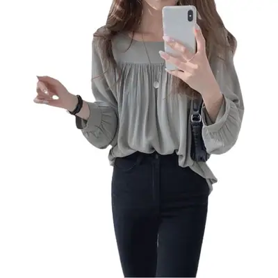Spring Pullover Top Gray Cotton Round Neck Chiffon
