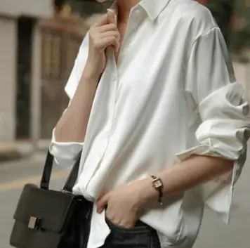 Women Silk Satin Draped Shirt Grey Vintage Hong Kong Style