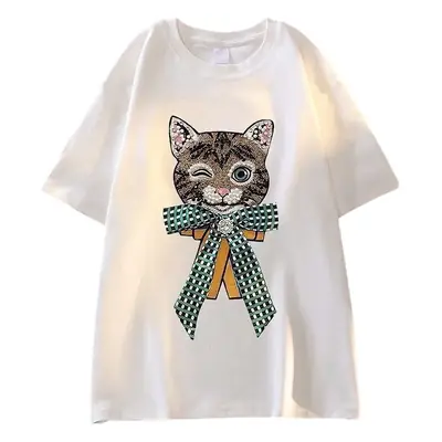 Women Cartoon Cat T-Shirt White Black Loose Fit