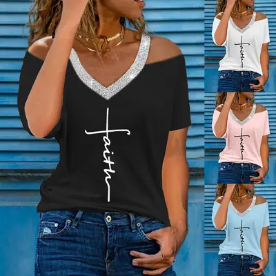 Women's Black V-Neck Off-Shoulder T-Shirt with Cross Letter Print