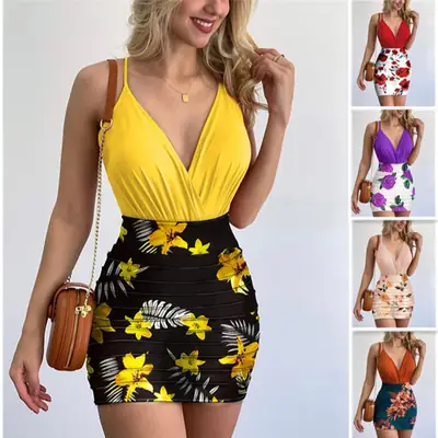 Women Floral Print High Waist Shorts Set Yellow Top