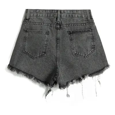 Women Blue Ripped Denim Shorts Slimming High Waist