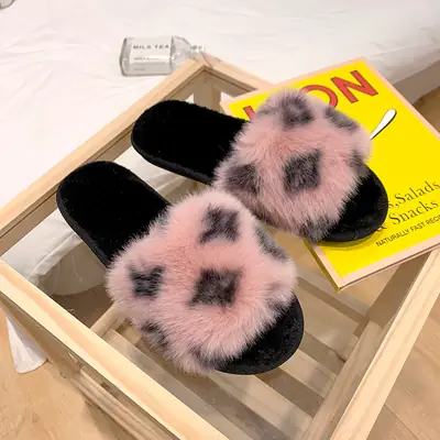 Foreign Trade New Cross-border Fashion Warm Maomao Slippers Women's 2023 Autumn and Winter Home Printed Open Cotton Slippers