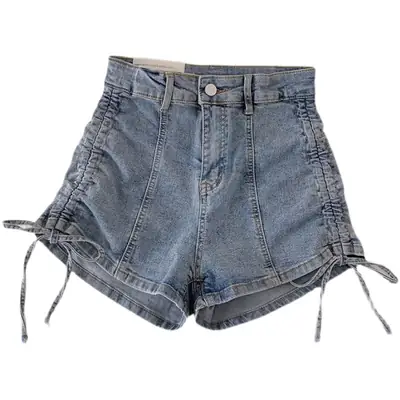 Black Drawstring High Waist Denim Shorts for Women