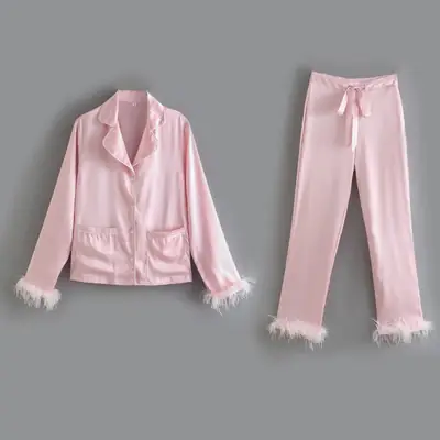 Feather Decorated Satin Shirt Women + Pink Trousers 2022 Spring New Retro Western Style Fashion Suit