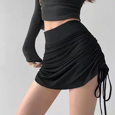 European Hot Girl Style Strap Drawstring Pleated Skirt