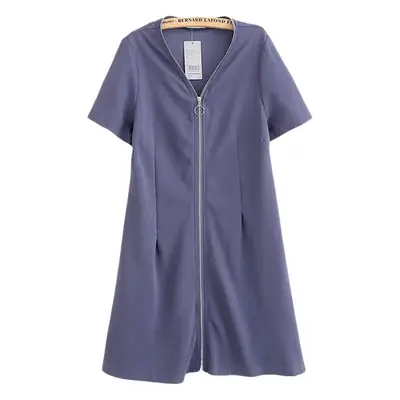150kg Plus Size V-Neck Zipper Dress Blue