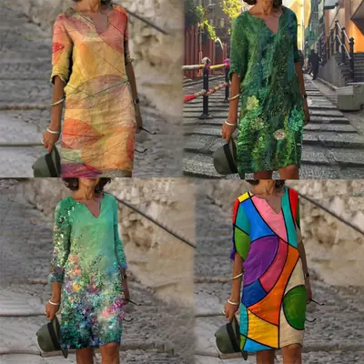 2022 Summer Colorful Print V Neck Pullover Skirt Dress