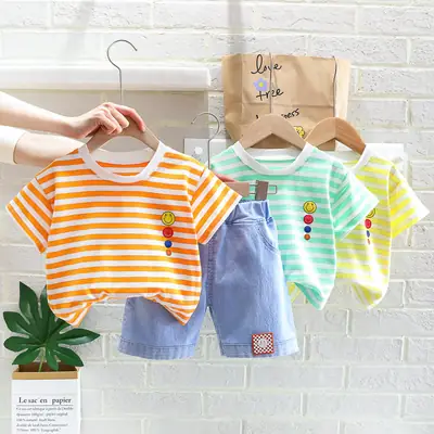 Boys Striped Korean Style Suit Light T-Shirt + Denim Shorts Two-Piece Set