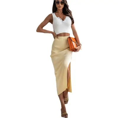 2026 Women Ribbed Knit Slit Skirt Beige