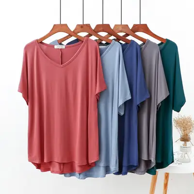 Modal V Neck T-Shirt Loose Large Summer Fat Girls