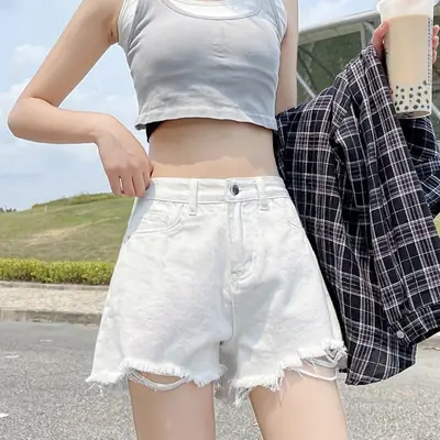 Women White Denim Shorts High Waist Frayed Ripped