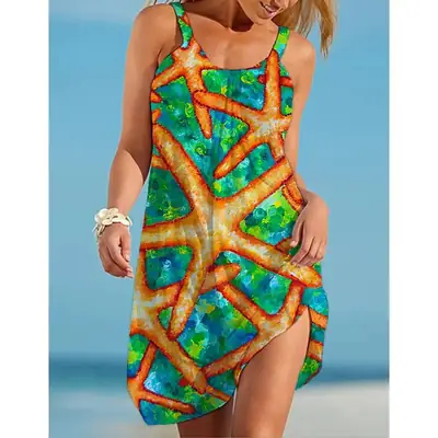 3D Starfish Printed Slip Dress Round Neck Amazon Undersea