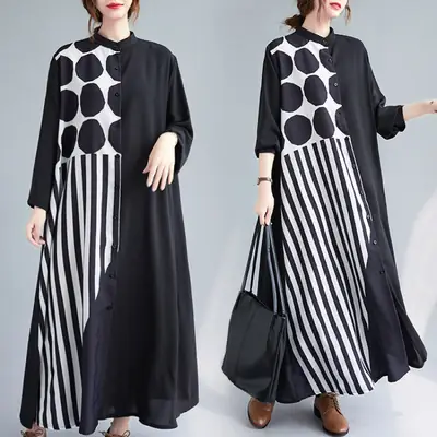 Black Striped Long Sleeve Cardigan Dress for Women