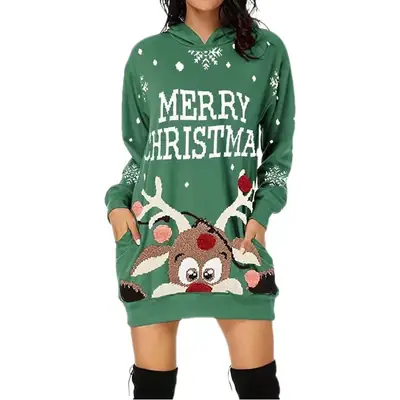 Christmas Elf Print Hooded Vest for Women Black