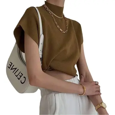 Women's Knitted Half Turtleneck Vest T-Shirt 2025 Summer