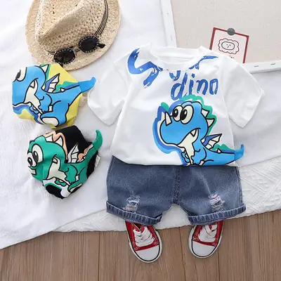 Kids Cartoon T-Shirt Shorts Set Yellow Blue Summer Wear