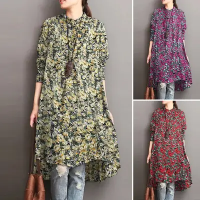 Women Muslim Printed Long Sleeve Top Shirt Dress