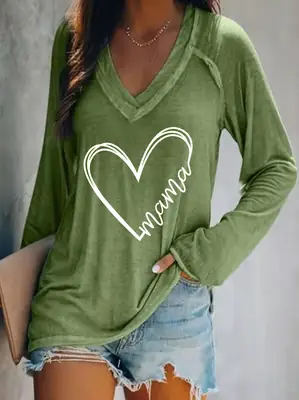 2022 Long Sleeve V-Neck Heart Print T-Shirt White
