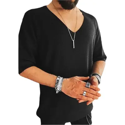 Men V-Neck Knit T-Shirt White Black Short Sleeve