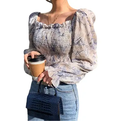 Foreign-style floral long sleeve blouse with collar