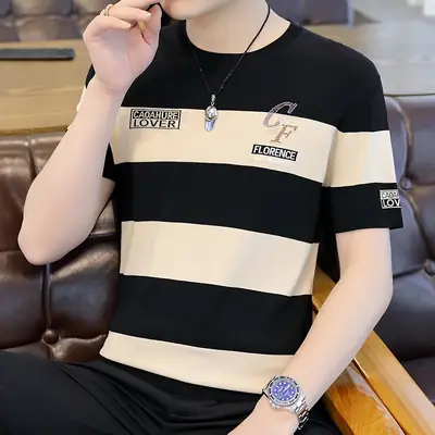 Men Knitted Striped T-Shirt Black Blue Loose Fit