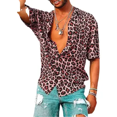 Men Leopard Print Short Sleeve Shirt Green 2025