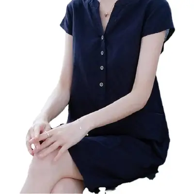 2022 Summer V-neck Button Skirt Dress Large