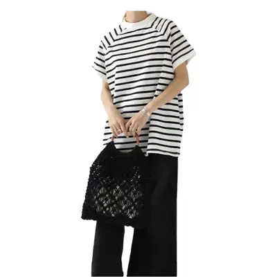 Women Striped Cotton T-Shirt Raglan Sleeve Half High Neck
