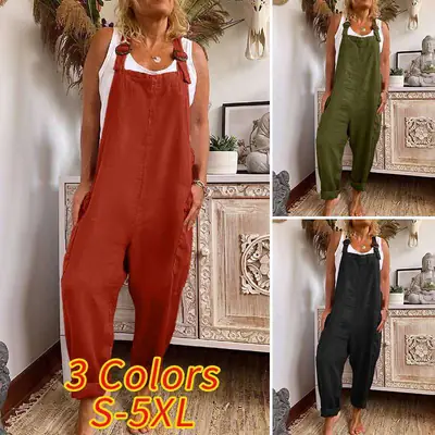 Women's Black Wide Leg Jumpsuit Cotton Linen Adjustable Button