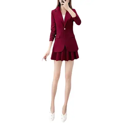 Red 2-Piece Women's Suit with Pleated Skirt