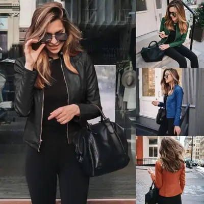 Women's Leather Jacket Suit Blue Black Winter Fashion