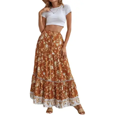 Blue Floral Ruffled Skirt with Hollow Lace Stitching