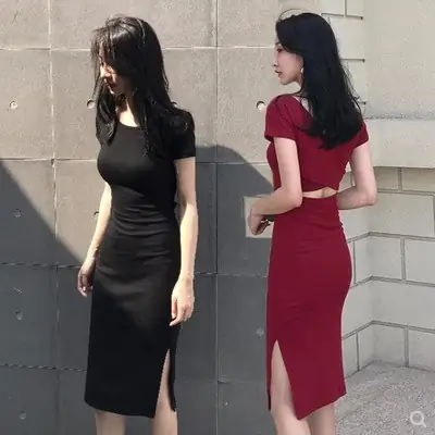 2025 Korean Style Black Bodycon Skirt Mid Length Slit Sleeve Dress