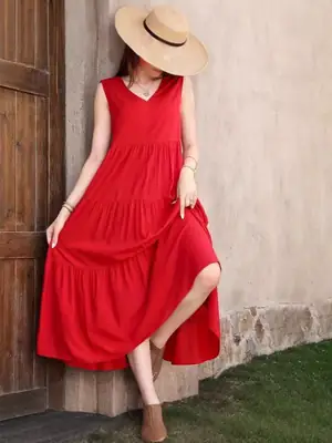 Green Layered V-Neck Dress for Women