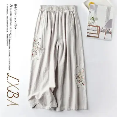 Women Linen Embroidered Wide Leg Pants Summer Casual
