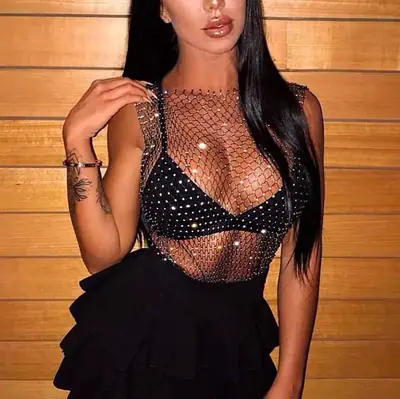 Black Rhinestone Fishnet Tank Top Sleeveless