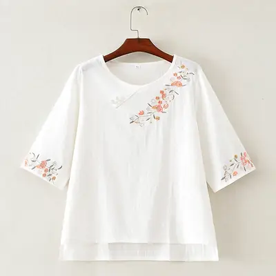Women Yellow Embroidered T-Shirt Mid Length Loose Summer Cotton Linen