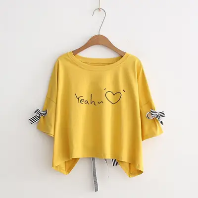 Women Yellow Bow Print T-Shirt Loose Sleeve Casual Top