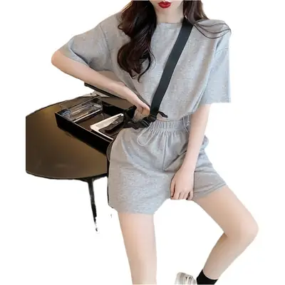Women Grey Casual Shorts Set Summer Lightweight