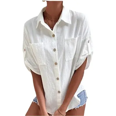 Women Button Down Shirt with Flap Pockets Navy Blue