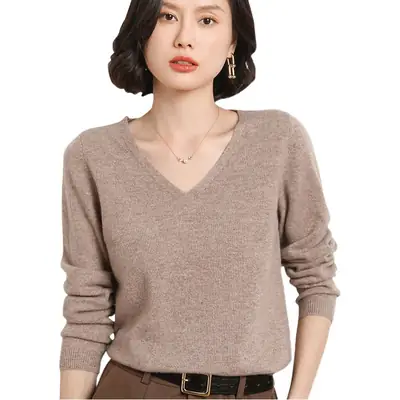Women V-Neck Knitted Long Sleeve Shirt Red 2023