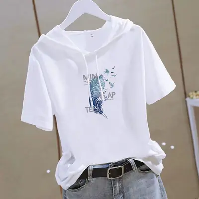 Women 2025 White Hooded T-Shirt with Gold Graphic