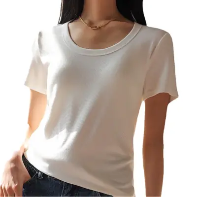Women Short Sleeve T-Shirt Solid Color Slim Fit Ribbed Cotton